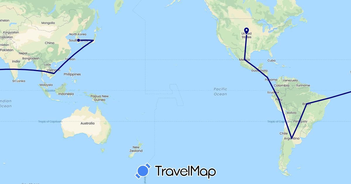 TravelMap itinerary: driving in Argentina, Brazil, Costa Rica, Japan, South Korea, Mexico, Peru, Thailand, United States, Vietnam (Asia, North America, South America)